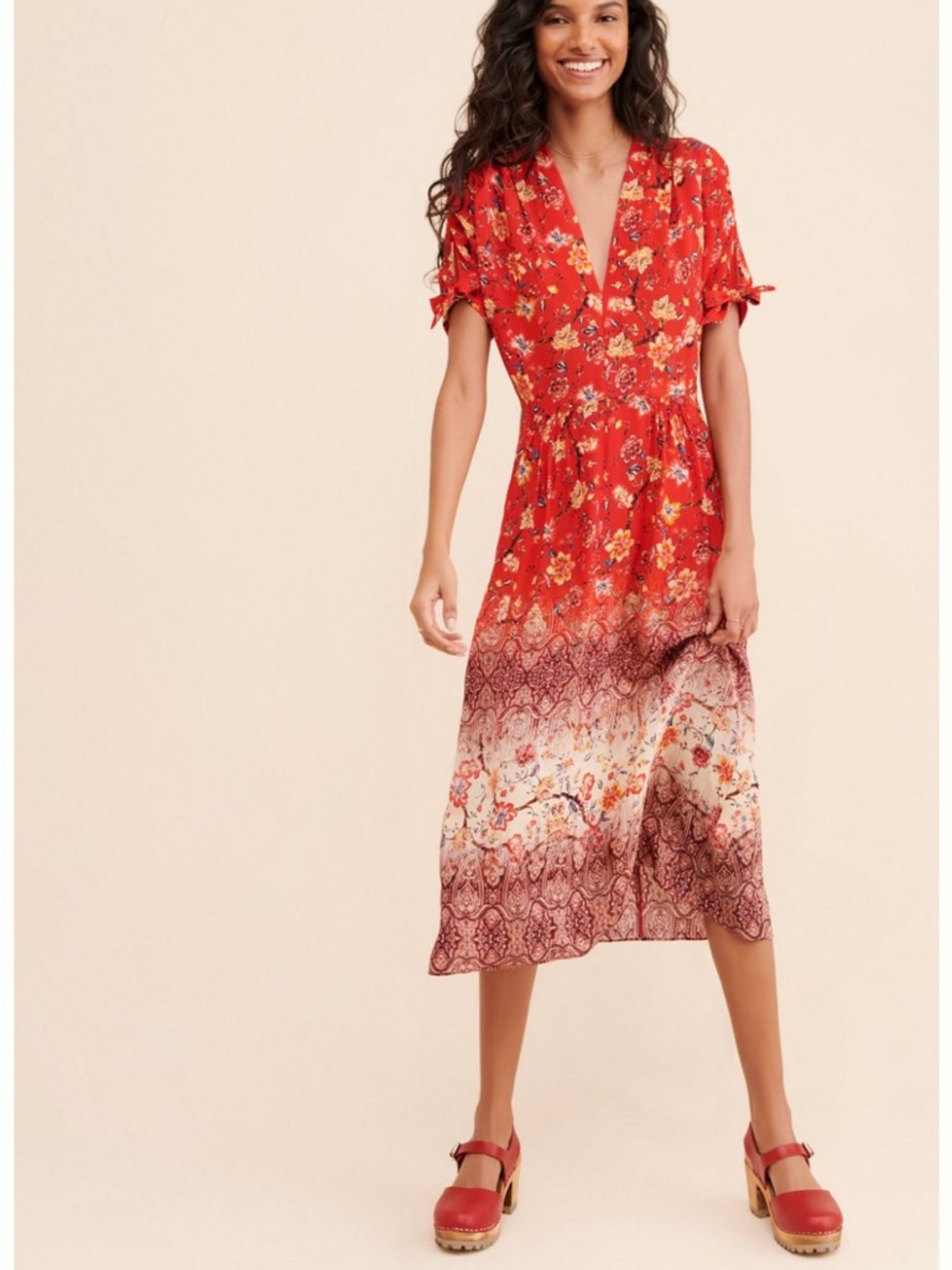 Anthropologie Red Floral V-Neck Midi Dress with Ombre Border